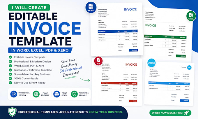 editable invoice template in word, excel, pdf and xero, spreadsheet, quotation