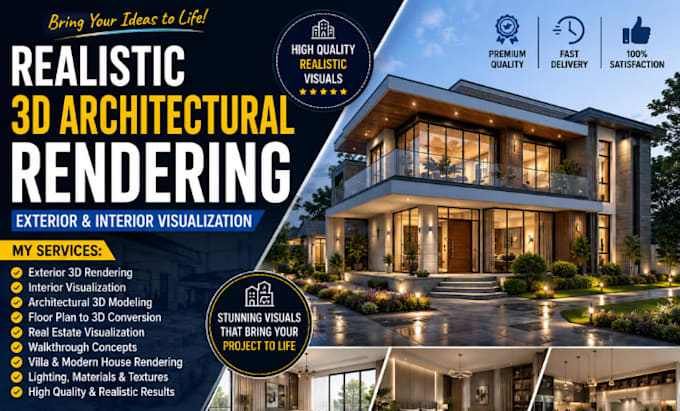 create realistic 3d architectural rendering exterior and interior visualization