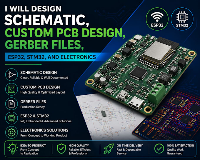 design schematic, custom pcb design, gerber files, esp32,stm32, and electronics