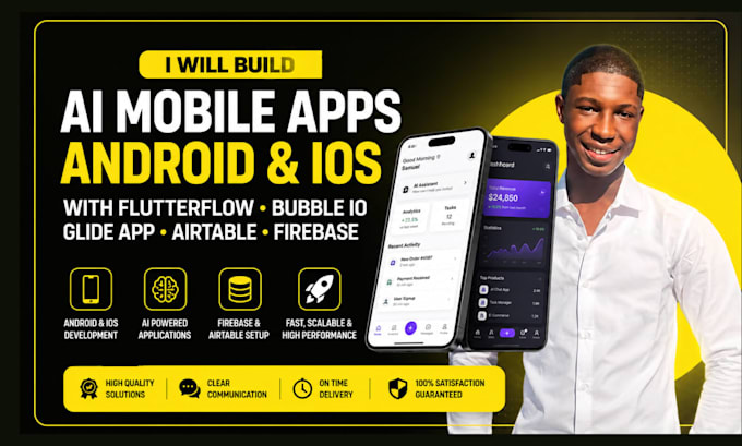 build ai mobile app for andriod and ios using flutter flow app, bubble io, glide