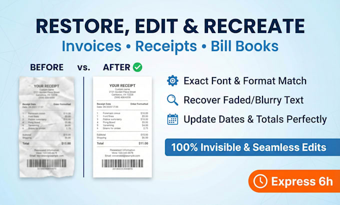 professionally restore, recreate and changes invoice, receipt, bill book