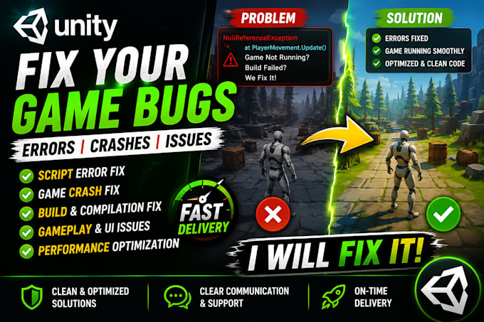 fix unity errors, bugs, and game crashes quickly