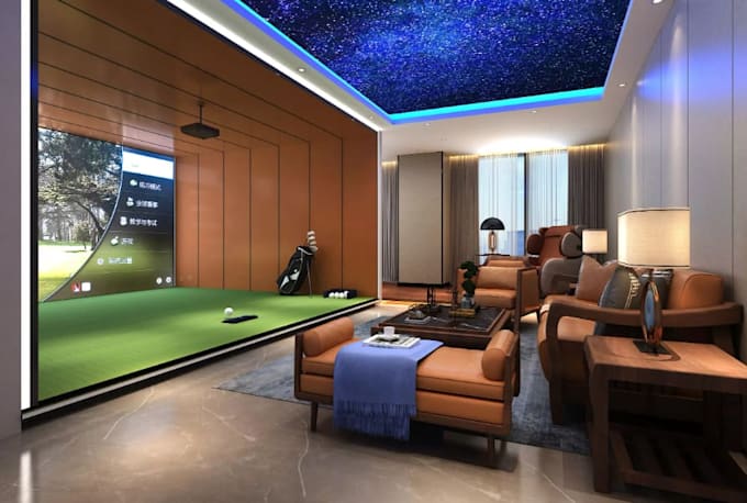 render 3d spin golf simulator,interior design,golf club,sport arena,virtual golf