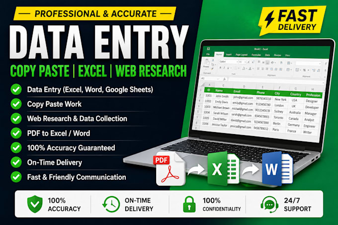 do professional data entry, copy paste, PDF to word and exc