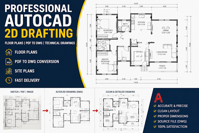 do professional autocad 2d drafting, floor plans and PDF to dwg conversion