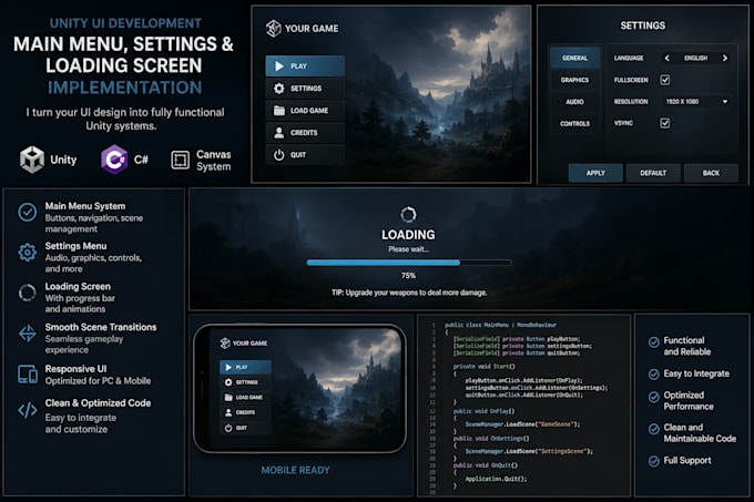 create a unity main menu , setting , and loading screen UI