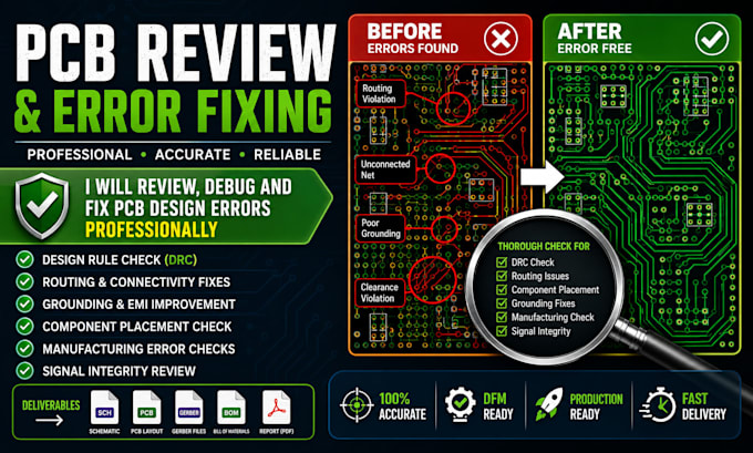review pcb and fix pcb layout, circuit, gerber error and get it production ready