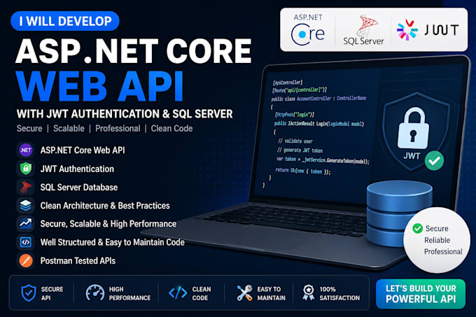 develop a professional asp net core web API with jwt authentication and sql