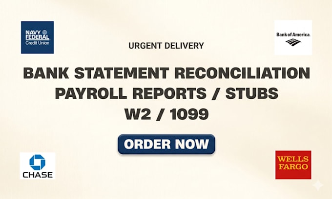 payroll reports, stubs, bank statement reconciliation, w2, 1099