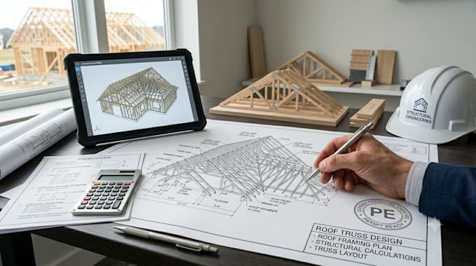 provide roof truss design, framing plan, truss layout and structural calculation