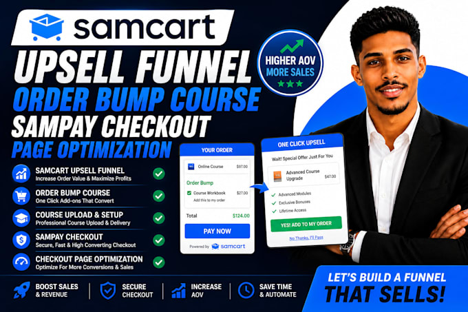 do samcart upsell funnel, order bump course, sampay checkout page optimization