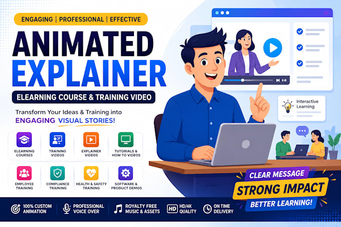create animated explainer elearning course video and training video