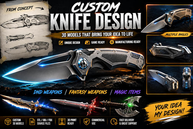 custom knife design, 3d knife model, dnd weapons, magic items for manufacturer