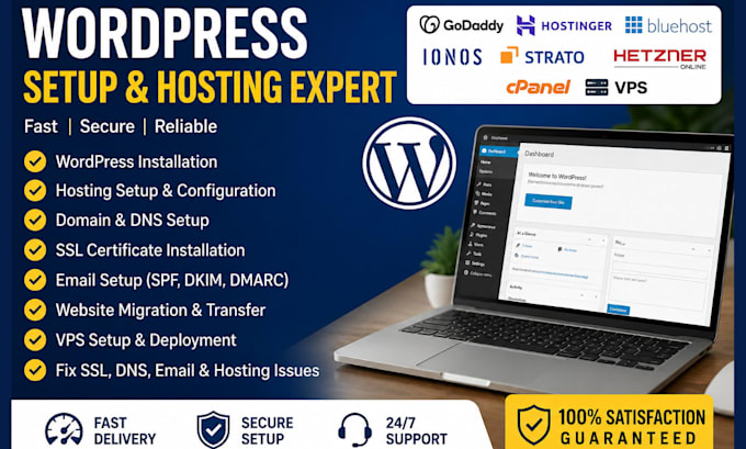 setup wordpress godaddy hosting SSL vps, strato, email domain on ionos, hetzner