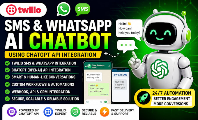 develop a twilio SMS and whatsapp ai chatbot using chatgpt API integration
