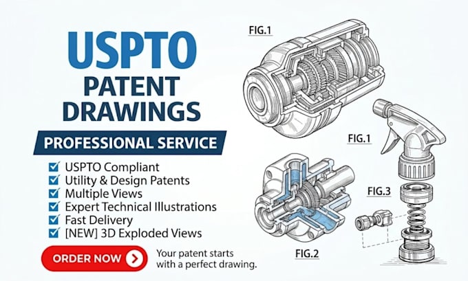 draw uspto patent drawing, illustration or utility design and technical drawing