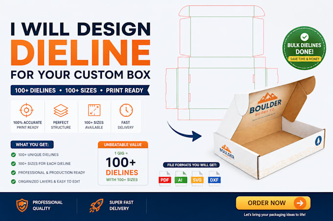 create 100 bulk packaging dielines in all sizes