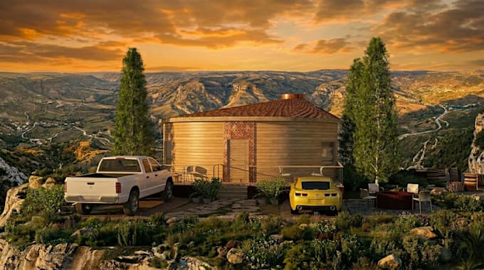 create a realistic 3d rendering of a cabin