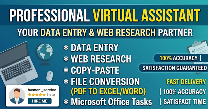 be your professional virtual assistant for data entry and web research