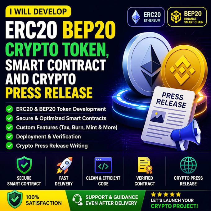 develop erc20 bep20 crypto token, smart contract and crypto press release