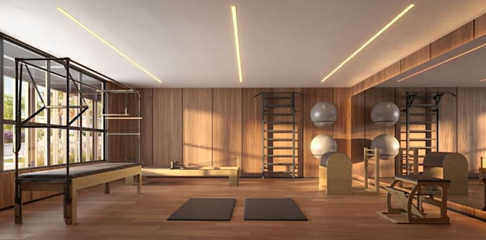 convert 2d sketch to 3d visual training room,functional layout,yoga studio space