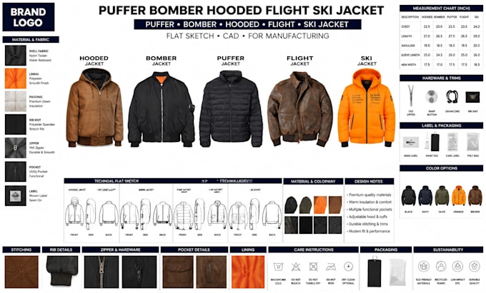 create puffer bomber hooded jacket tech pack clo3d flat sketch for manufacturing