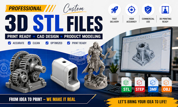 create custom 3d stl file, cad model and print ready design for 3d printing