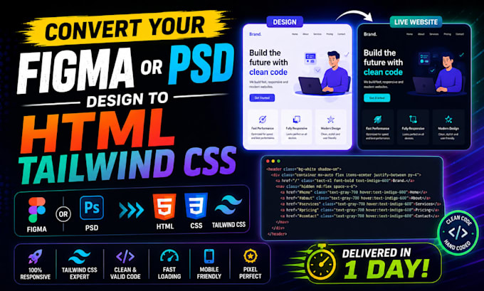 convert your figma or PSD design to HTML tailwind CSS