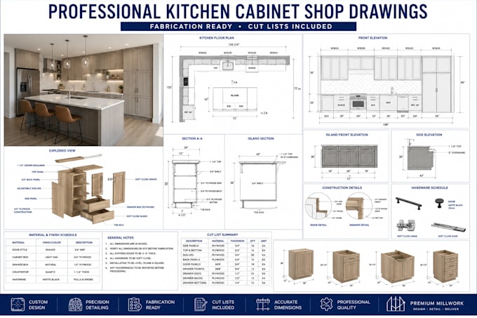 create cabinet shop drawings for kitchens and millwork with cut lists
