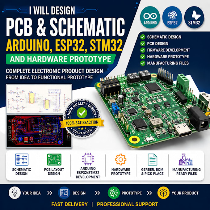 design pcb, schematic, arduino, esp32, stm32 and hardware prototype