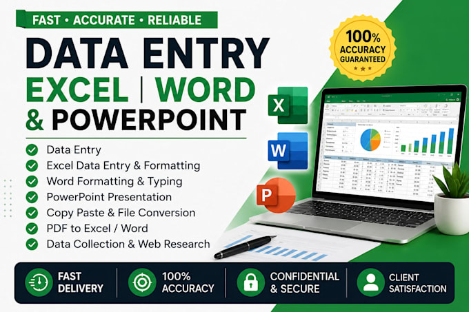 do professional data entry, excel, word, and powerpoint presentation work