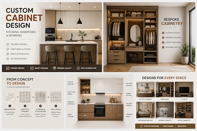 create custom cabinet designs for kitchens, wardrobes, and interiors