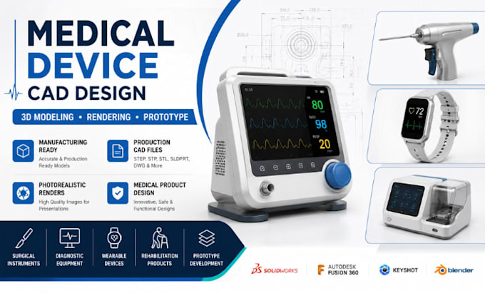 perform medical device cad design, 3d model, product rendering, prototype