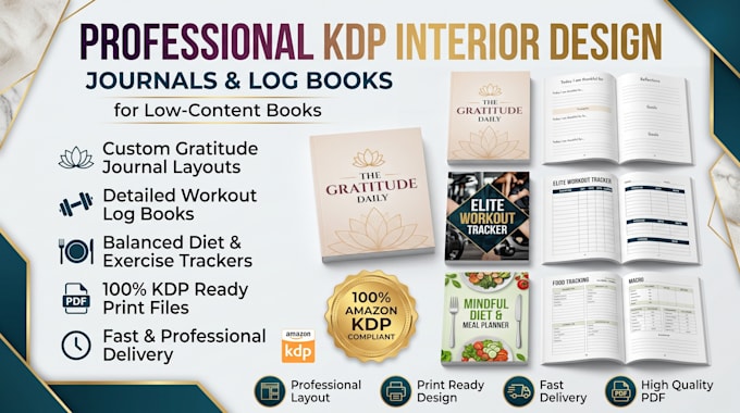 design gratitude journal, workout log book, diet exercise journal, kdp interior