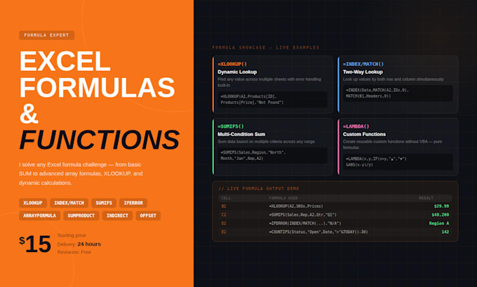 create xlookup, index match, sumifs and advanced excel formulas and functions