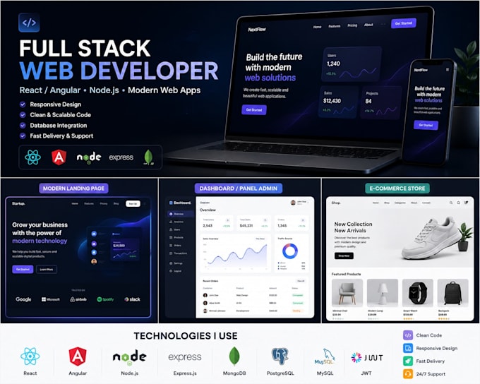 develop full stack web using react or angular and nodejs