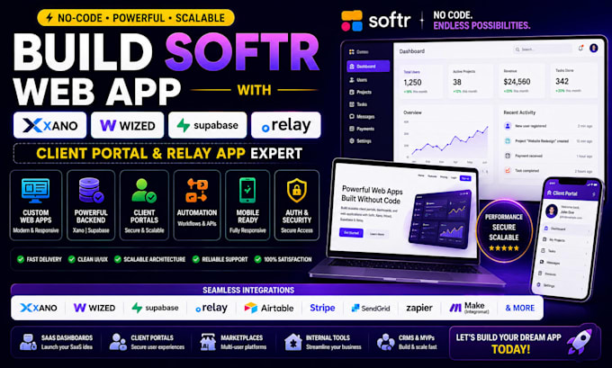 build softr web app with xano, wized, supabase client portal, and relay app