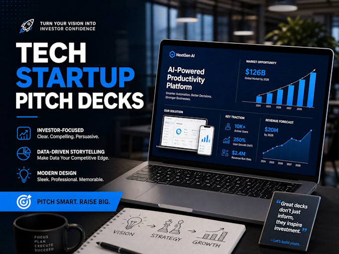 design a data driven tech startup investor pitch deck presentation, PPT deck