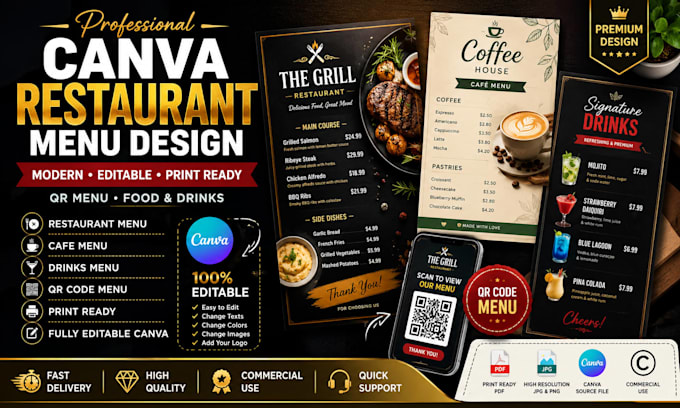 design editable canva restaurant menu, food menu, digital menu, cafe menu