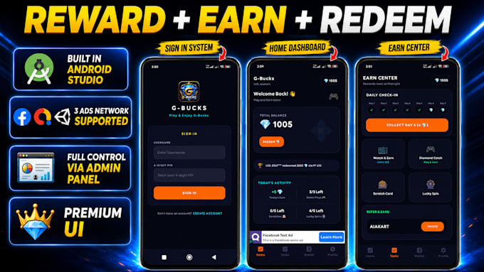 create android mini games reward app with multi ads networks
