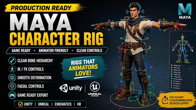 create a production ready maya character rigging for unity and unreal games