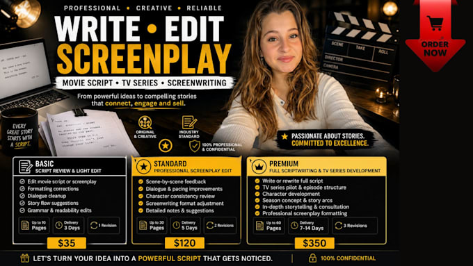 write script, edit movie script, screenplay, screenwriting, tv series