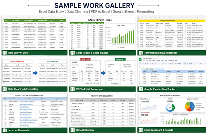do microsoft excel data entry, PDF to excel, PDF to word, and google sheets
