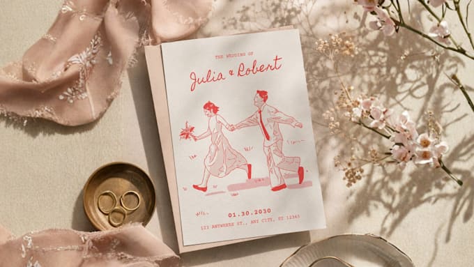draw a custom couple illustration for ur wedding invitation