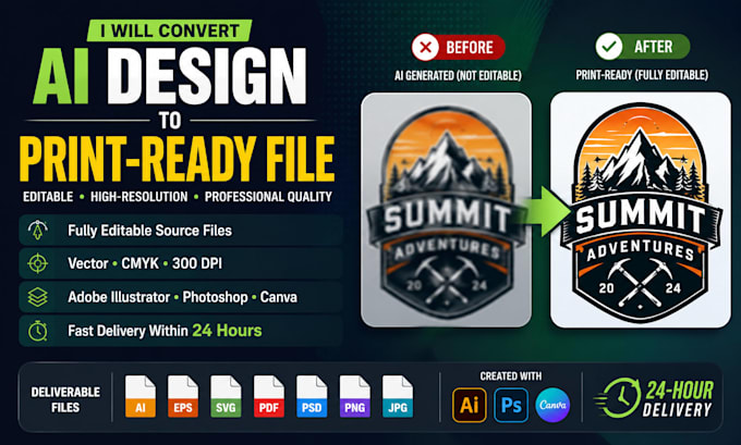 convert ai generated designs into print ready editable file within 24h