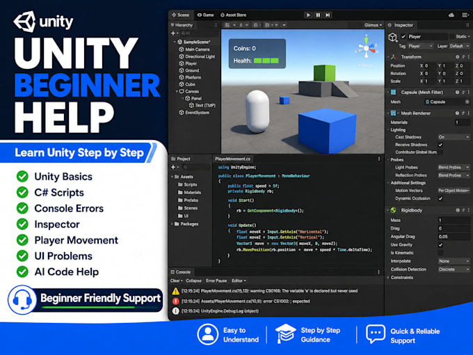 help beginners learn unity and fix basic c sharp issues