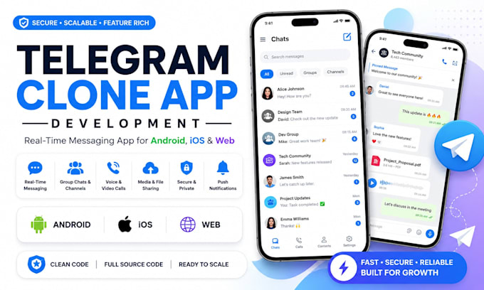 develop messaging app, chat app, chatbot app telegram clone for android ios web