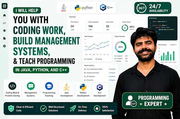 do coding build management system, and teach programming in java, python,c,sql,r