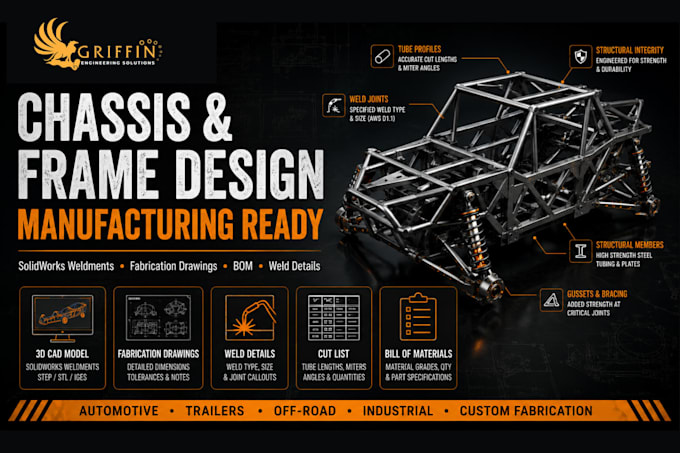 design a chassis frame in solidworks with weld drawings, cut list and bom