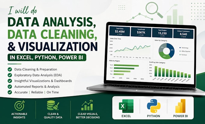 do data analysis, data cleaning, and visualization in excel, python, power bi